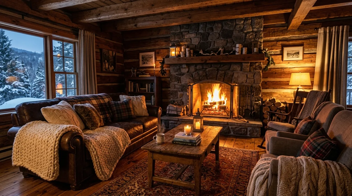Style the coffee table with only a few cozy winter details inspiration for a winter living room.